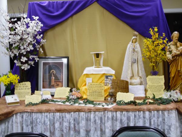 The beautiful Shrine dedicated to Mary was created by Kathy Grange.  Special thanks to Kathy for the wonderful display.